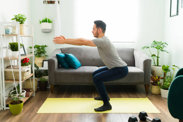Proper squat form demonstration at home
